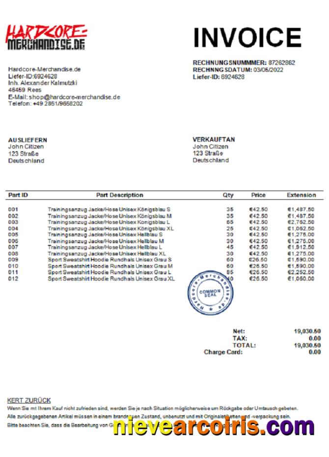 Germany Hardcore Merchandise invoice J. C. doc